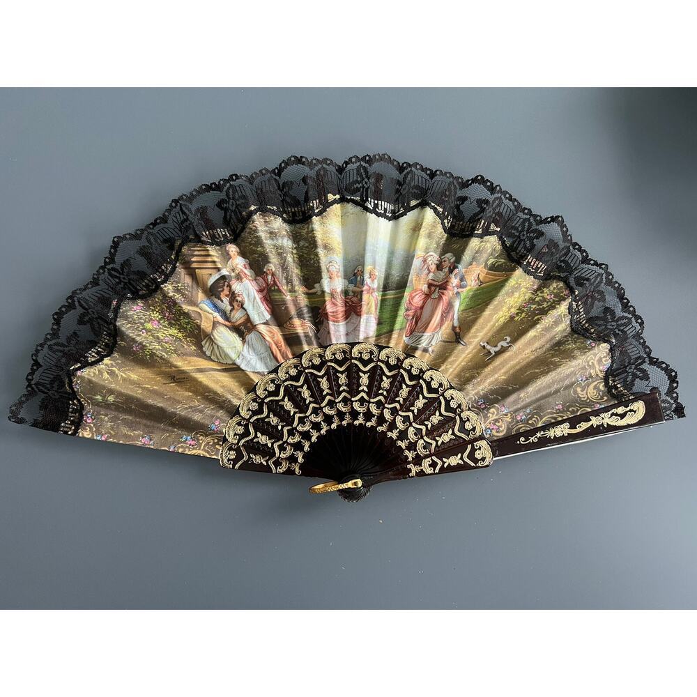 Vintage ABANICOS Decorative Folding Hand Fan With Lace Edging